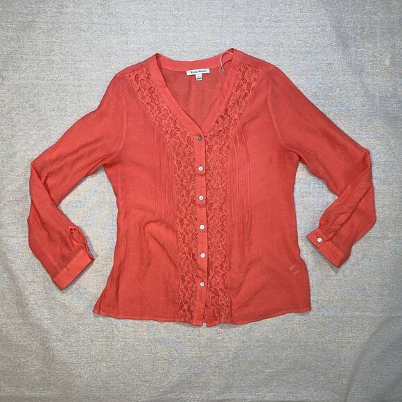 Studio Works | Coral Button Front Top with Lace | Large - Picture 1 of 10